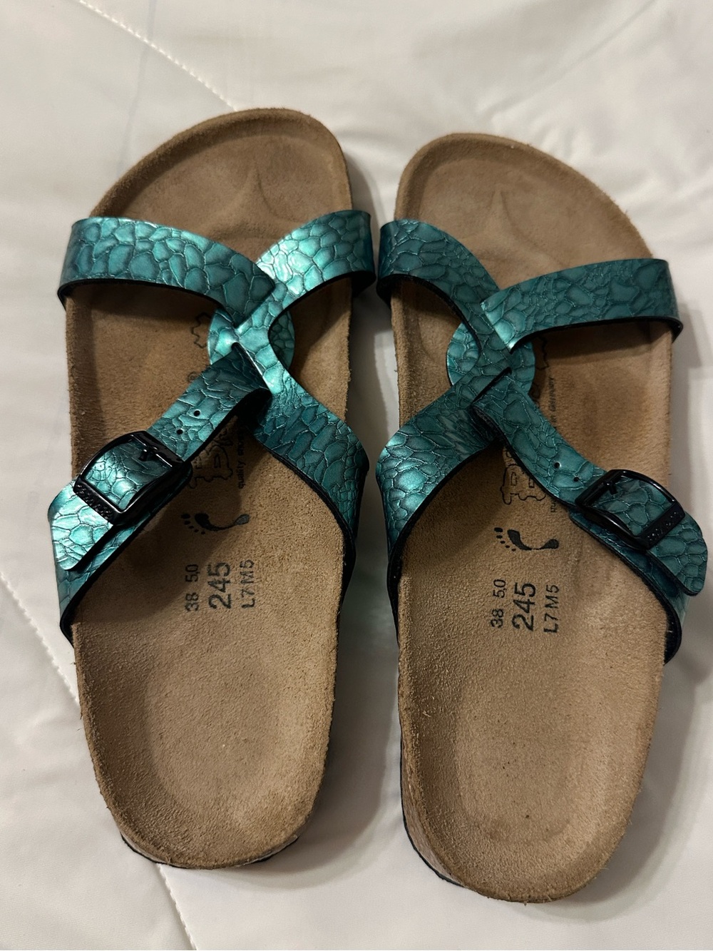 Birkenstock Birki’s Sylt Turquoise Metallic Reptile Print Cross-Strap Sandals
